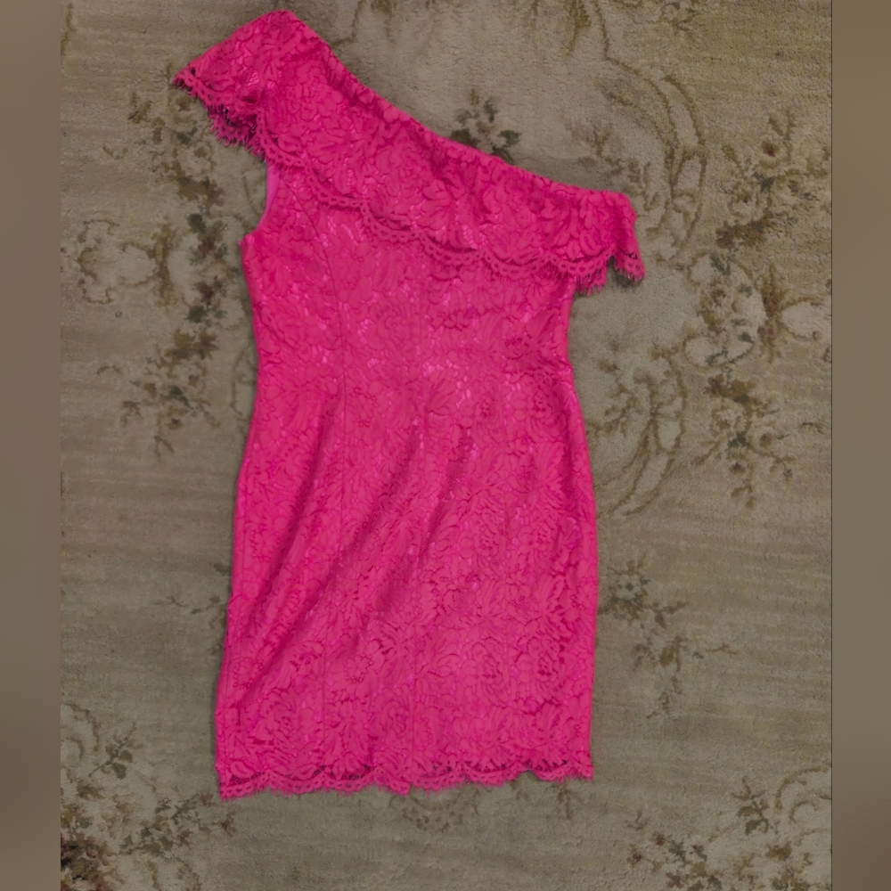 Eliza J Vibrant Pink Lace One Shoulder Cocktail Dress Size 8 - Picture 2 of 3